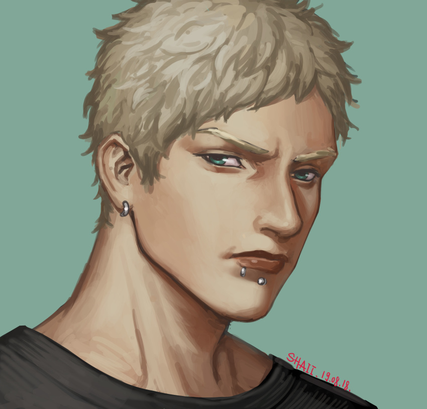 1boy absurdres artist_name black_shirt blonde_hair blue_background blue_eyes dated earrings given highres jewelry kaji_akihiko lip_piercing looking_at_viewer male_focus ninunins photoshop_(medium) piercing portrait serious shirt simple_background solo