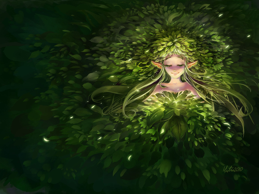 closed_eyes closed_mouth commentary dated ekaterina_orange english_commentary female green_hair highres lif_(ragnarok_online) long_hair monster_girl plant plant_girl plant_hair pointy_ears ragnarok_online signature smile solo upper_body