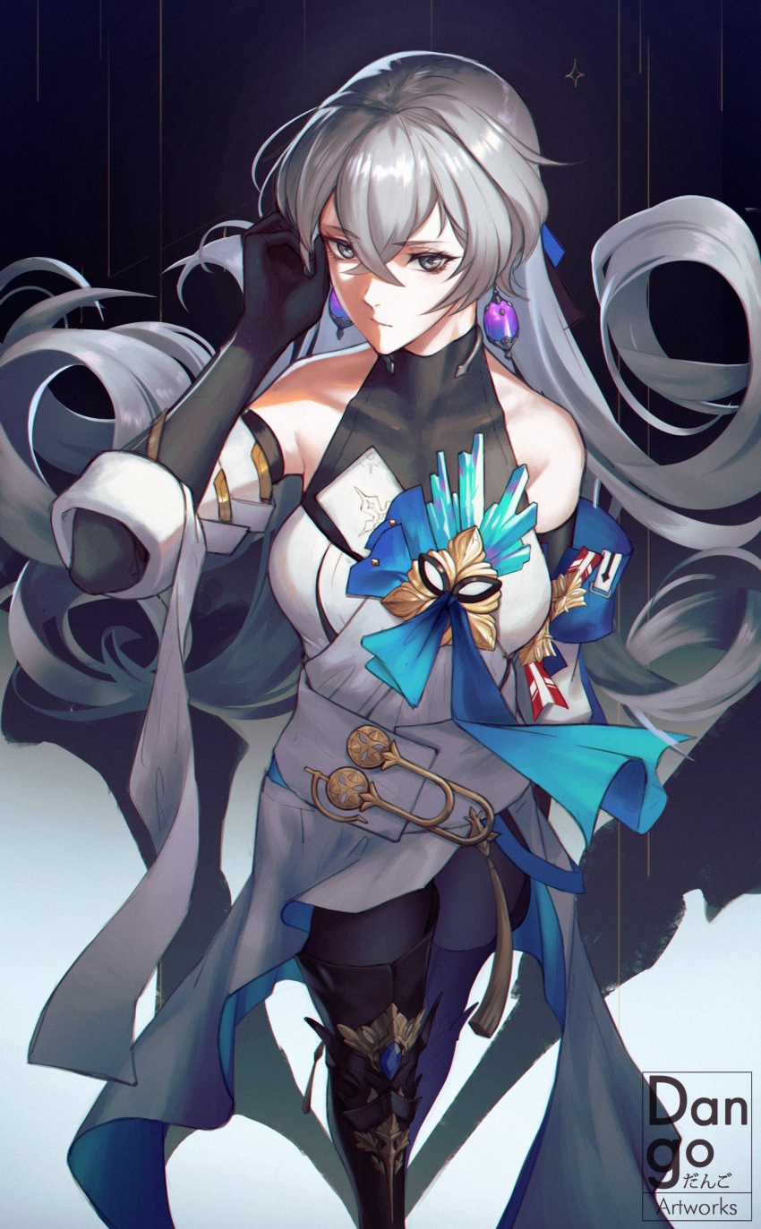 absurdres adjusting_hair artist_name black_gloves black_legwear boots breasts bronya_rand collarbone curly_hair dangodes dress earrings elbow_gloves female gloves grey_eyes grey_hair hair_ribbon highres honkai:_star_rail honkai_(series) jewelry layered_dress leggings long_hair looking_at_viewer medal medium_breasts ribbon shadow sleeveless solo standing thigh_boots thighhighs very_long_hair walking watermark white_dress