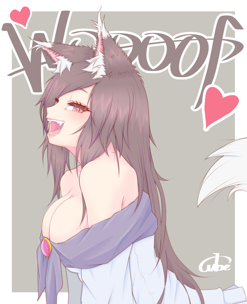 :d animal_ear_fluff animal_ears blush breasts brooch brown_hair cleavage commentary_request cube85 dress fangs female from_side heart highres imaizumi_kagerou jewelry large_breasts long_hair long_sleeves looking_at_viewer off-shoulder_dress off_shoulder open_mouth red_eyes signature simple_background smile solo tail touhou upper_body very_long_hair white_dress wolf_ears wolf_tail