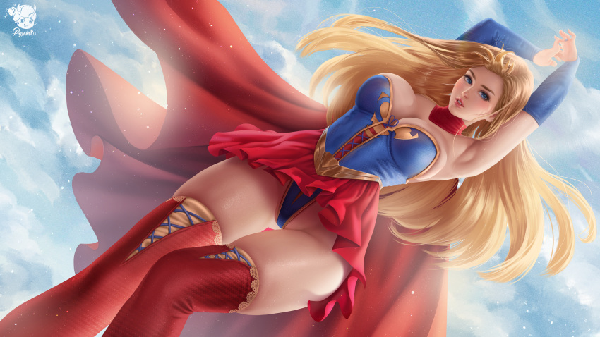 cleavage dc_comics leotard official_watermark prywinko skirt_lift supergirl supergirl_(character) thighhighs