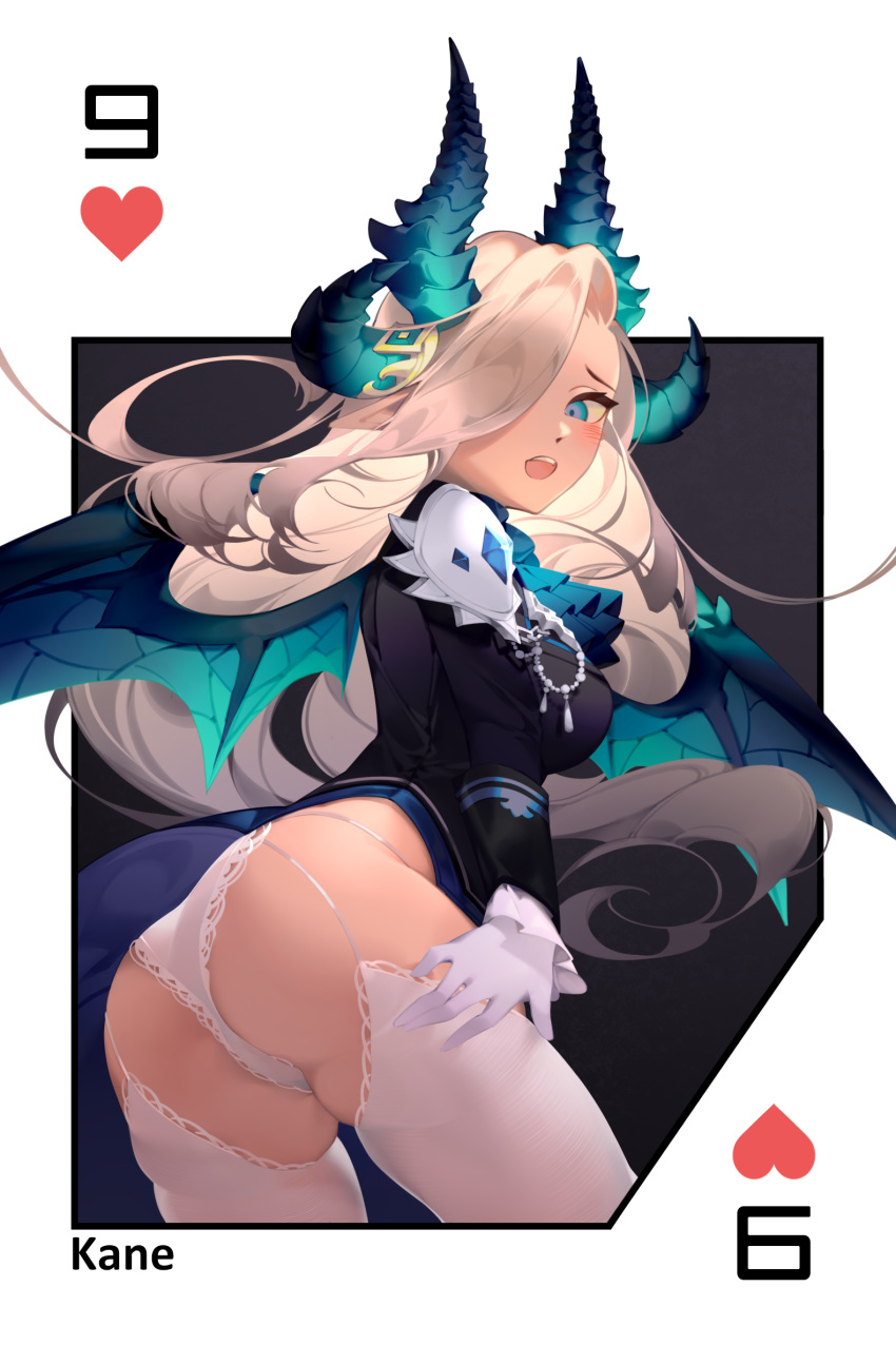 absurdres artist_name ass blue_eyes blue_horns blue_wings blush demon_girl female gloves grey_hair guardian_tales hair_over_one_eye heart highres horns kane_5g lingerie long_hair looking_at_viewer noble_succubus_bianca open_mouth thighhighs underwear white_gloves white_thighhighs wings