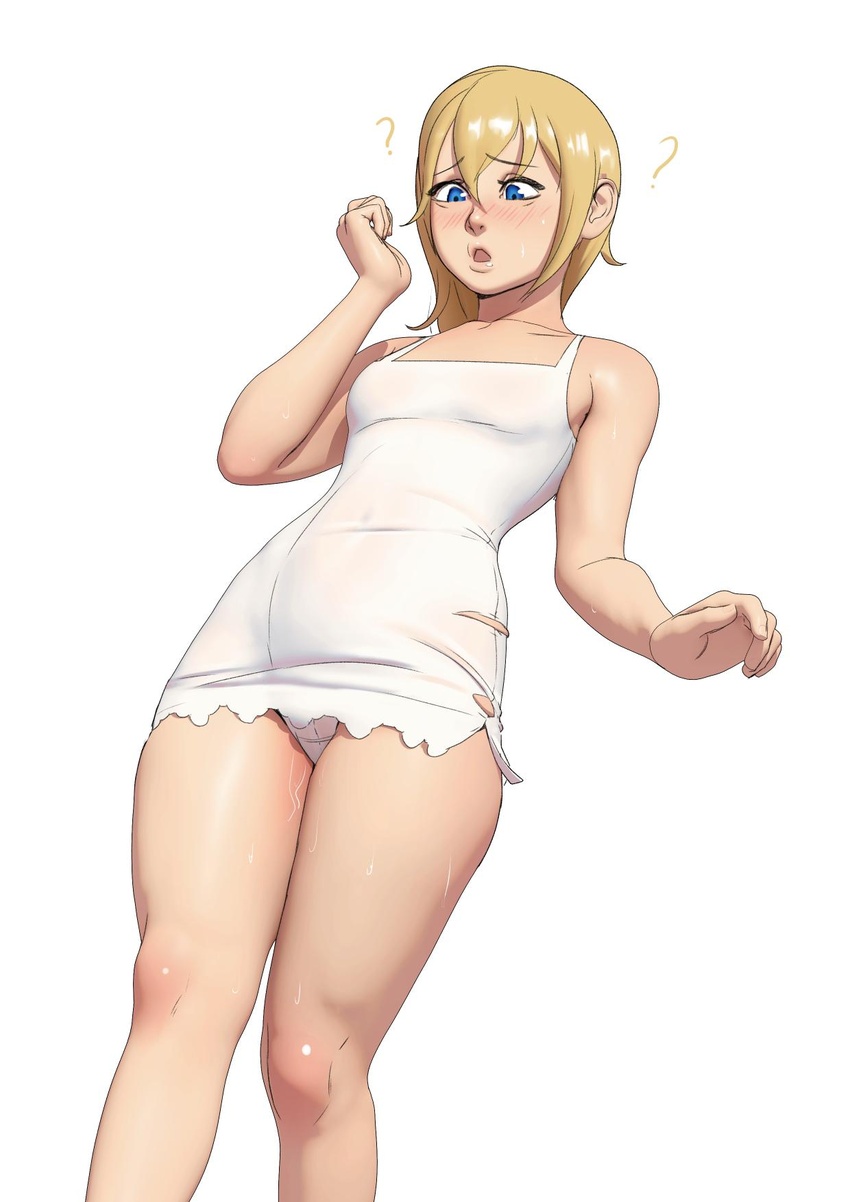 ? bare_legs bare_shoulders blonde_hair blue_eyes blush breasts dress feet_out_of_frame female from_below hair_between_eyes hand_up highres john_doe_(jdart) kingdom_hearts lips looking_down namine open_mouth panties pantyshot short_dress short_hair sleeveless sleeveless_dress small_breasts solo stomach sundress sweat torn_clothes torn_dress underwear white_background white_dress white_panties