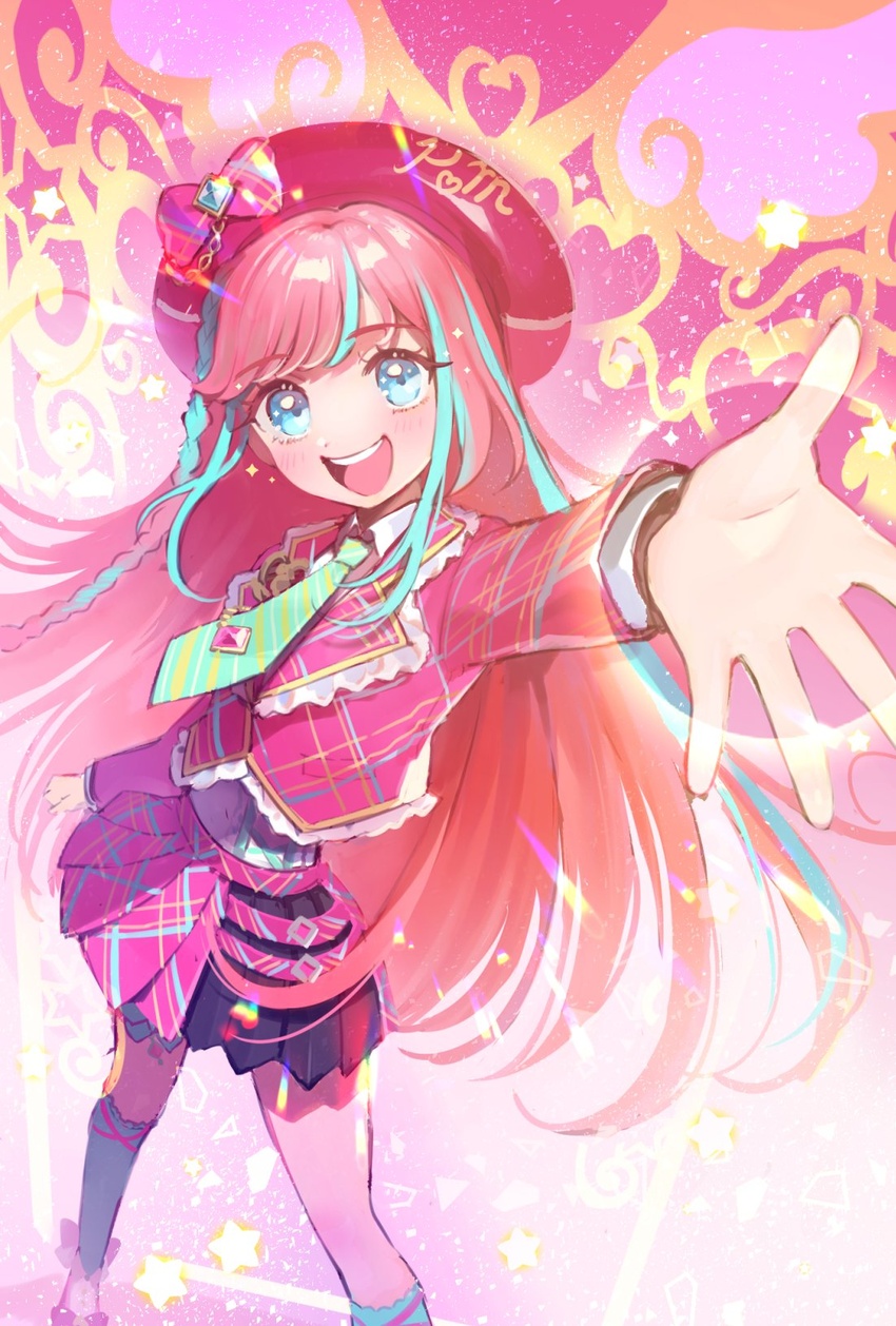 :d aqua_hair aqua_necktie aqua_stripes aqua_thighhighs beret black_skirt blue_eyes blush bow braid commentary_request cropped_jacket female from_above gem gem_(symbol) hat hat_bow hibino_matsuri hibino_matsuri_(primagista) highres idol jacket light_particles long_hair long_sleeves looking_at_viewer miniskirt multicolored_clothes multicolored_hair multicolored_skirt necktie open_mouth oshiri_(o4ritarou) over-kneehighs pink_background pink_bow pink_footwear pink_hair pink_hat pink_jacket pink_skirt pink_stripes plaid plaid_jacket plaid_skirt pleated_skirt pretty_series reaching round_teeth single_braid skirt smile solo sparkle star_(symbol) streaked_hair striped striped_bow striped_necktie teeth thighhighs upper_teeth_only waccha_primagi!