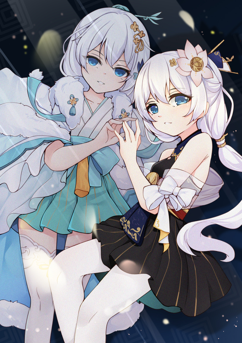 2girls bare_shoulders blue_eyes china_dress chinese_clothes commentary_request dress dual_persona flower grin hair_flower hair_ornament highres honkai_(series) honkai_impact_3rd long_hair looking_at_viewer multiple_girls open_mouth qingye_ling sleeveless smile teeth theresa_apocalypse thighhighs white_flower white_hair white_legwear zhuge_kongming_(honkai_impact)