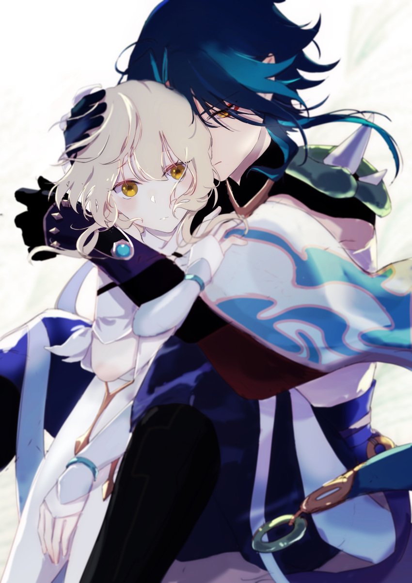 1boy absurdres aqua_hair arm_guards armor black_gloves black_hair blonde_hair blurry blurry_foreground commentary_request couple cowboy_shot detached_sleeves dress eyeshadow female genshin_impact gloves hand_on_another's_chest hand_on_another's_head highres hug hug_from_behind looking_at_viewer lumine_(genshin_impact) makeup multicolored_hair n.s.egg parted_bangs red_eyeshadow short_hair short_hair_with_long_locks shoulder_armor shoulder_spikes sidelocks simple_background spikes straight two-tone_hair vision_(genshin_impact) white_background white_dress white_gloves xiao_(genshin_impact) yellow_eyes