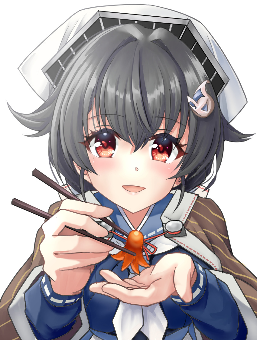 absurdres black_hair blue_sailor_collar blue_serafuku chopsticks feeding female hair_flaps hair_ornament highres holding holding_chopsticks jingei_(kancolle) kantai_collection long_sleeves looking_at_viewer neckerchief red_eyes sailor_collar school_uniform serafuku short_hair solo upper_body white_neckerchief yaegashi_(muzzuleflash)