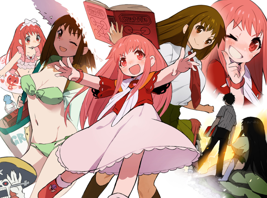 2girls arms_up bag bare_legs book breasts brown_eyes brown_hair cleavage commentary_request dress gabu_(az210309) gash_bell green_dress hat highres konjiki_no_gash!! large_breasts long_hair multiple_girls navel necktie one_eye_closed open_mouth oumi_megumi pink_eyes pink_hair red_necktie smile stomach sun_hat swimsuit takamine_kiyomaro tio_(konjiki_no_gash!!)