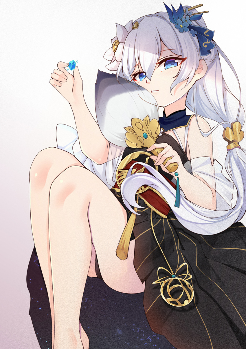 bare_shoulders black_panties blue_eyes blue_flower chinese_clothes crystal female flower gem grin hair_between_eyes hair_flower hair_ornament hand_fan highres holding holding_fan holding_gem honkai_(series) honkai_impact_3rd long_hair looking_at_viewer open_mouth panties ponytail qingye_ling sleeveless smile teeth theresa_apocalypse underwear white_flower white_hair zhuge_kongming_(honkai_impact)