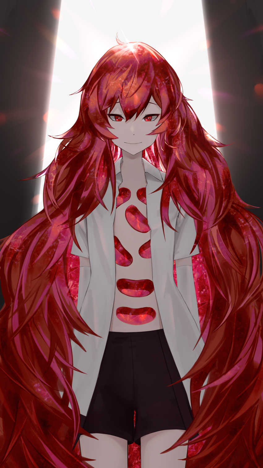 1other absurdres androgynous closed_mouth collared_shirt commentary crystal crystal_hair english_commentary gem_uniform_(houseki_no_kuni) glint glowing glowing_hair highres houseki_no_kuni light_rays long_hair looking_at_viewer open_clothes open_shirt other_focus padparadscha_(houseki_no_kuni) red_eyes red_hair shirt short_sleeves shorts smile solo sparkle very_long_hair wavy_hair waytok white_shirt