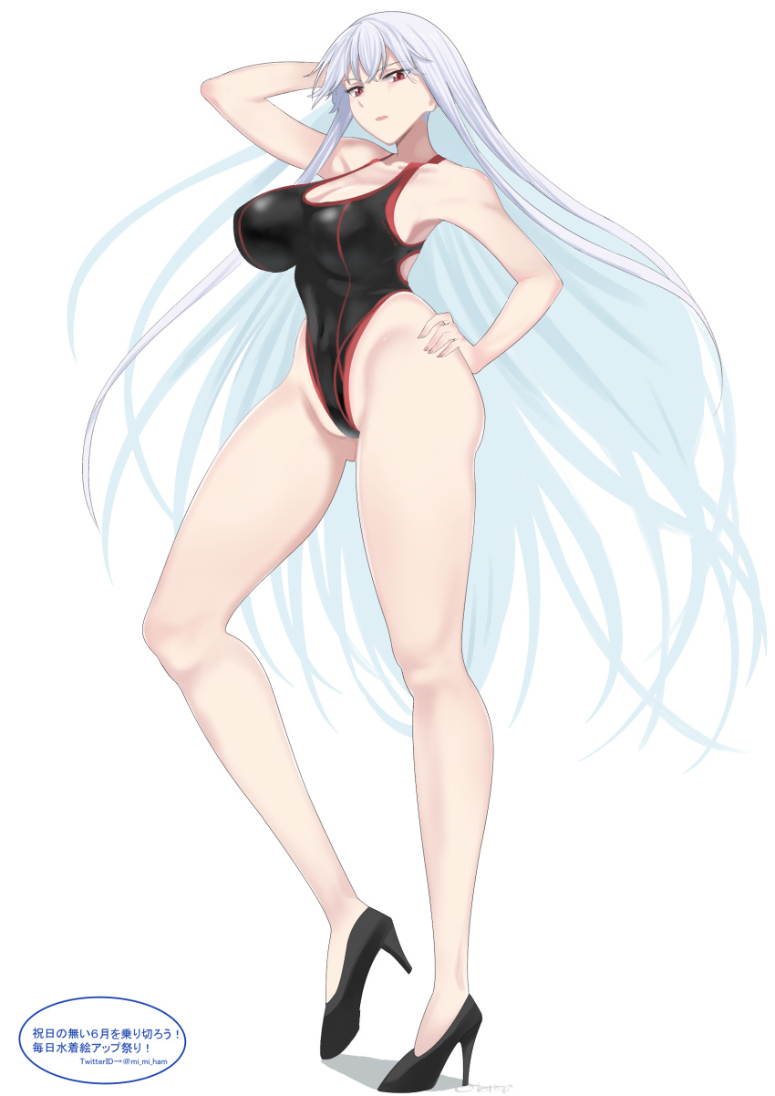 absurdres alternate_costume bare_arms bare_shoulders black_footwear black_one-piece_swimsuit breasts cleavage commentary_request competition_swimsuit female full_body hand_on_own_hip high_heels highleg highleg_swimsuit highres large_breasts legs long_hair mi_mi_ham one-piece_swimsuit red_eyes selvaria_bles senjou_no_valkyria_(series) senjou_no_valkyria_1 shoes simple_background solo swimsuit thighs twitter_username very_long_hair white_background white_hair