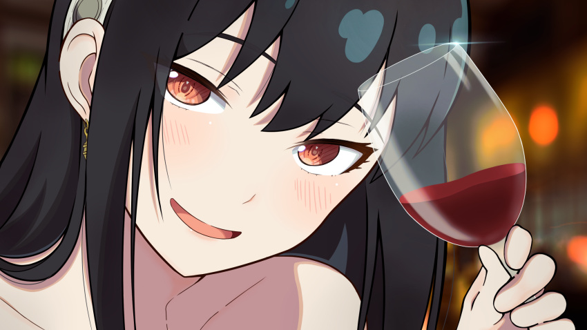 bad_id bad_pixiv_id bare_shoulders black_bitou blush collarbone cup drinking_glass drunk earrings female hair_down hairband half-closed_eyes highres holding holding_cup jewelry long_hair looking_at_viewer open_mouth portrait smile solo spy_x_family white_hairband wine_glass yor_briar