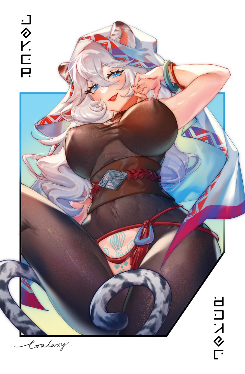 absurdres animal_ears artist_name black_legwear blue_eyes box_galaxy breasts druid_kanna female guardian_tales highres large_breasts long_hair looking_at_viewer open_mouth sleeveless smile solo tail tattoo tiger_ears tiger_girl tiger_tail white_hair