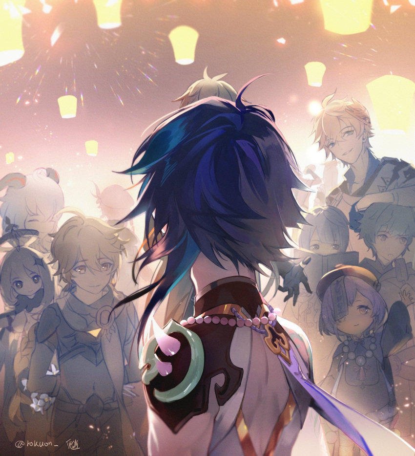 5girls 6+boys aether_(genshin_impact) arm_tattoo bead_necklace beads beidou_(genshin_impact) book chongyun_(genshin_impact) closed_eyes english_commentary fireworks flower food ganyu_(genshin_impact) genshin_impact gloves hair_between_eyes hair_ornament halo hat highres holding holding_book horns jewelry lantern long_hair long_sleeves mask mask_on_head multiple_boys multiple_girls necklace night ningguang_(genshin_impact) ofuda paimon_(genshin_impact) paper_lantern popsicle qingdai_guanmao qiqi_(genshin_impact) rokuon scarf short_sleeves signature sky_lantern smile spikes tartaglia_(genshin_impact) tattoo twitter_username venti_(genshin_impact) xiao_(genshin_impact) xingqiu_(genshin_impact) zhongli_(genshin_impact)