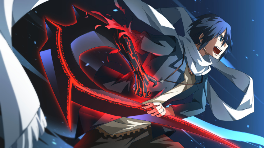 1boy arm_blade asymmetrical_arms bad_id bad_pixiv_id blue_background blue_eyes blue_hair bois_de_justice commentary_request dies_irae eternal_14sai eyes_visible_through_hair fujii_ren hand_on_blade highres jacket jewelry necklace open_clothes open_jacket scarf shinza_bansho_series teeth torn_clothes upper_teeth_only weapon