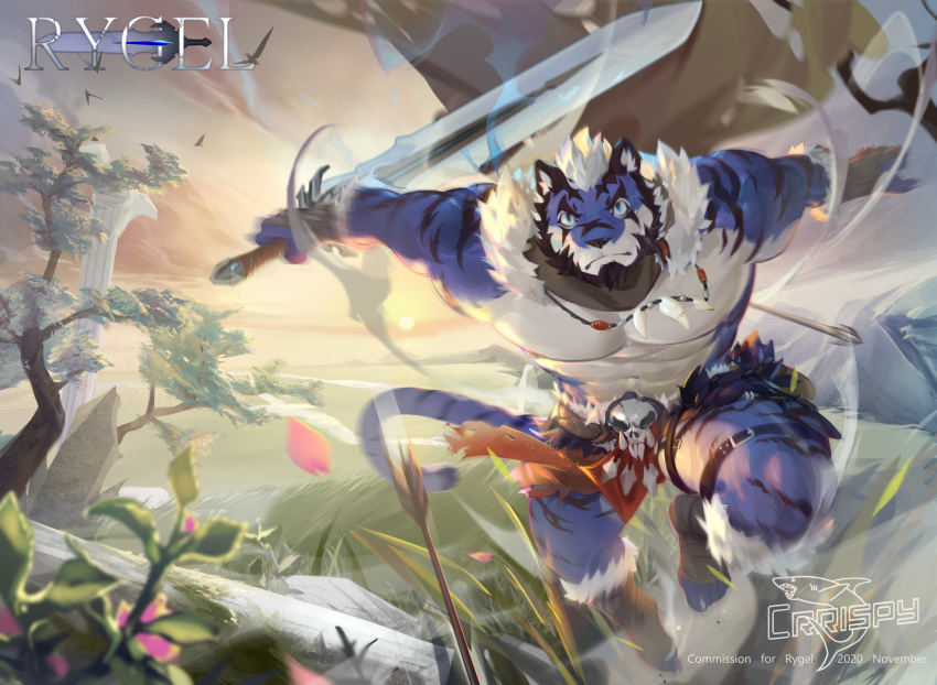 1boy abs animal_ears bara bare_pectorals beard blue_fur borrowed_character commission crrispy_shark facial_hair fighting_stance flower full_body furry furry_male harness highres holding holding_sword holding_weapon large_pectorals looking_at_viewer male_focus mature_male motion_blur muscular muscular_male nipples original outdoors pectorals pelvic_curtain petals plant short_hair sky solo stomach sword tail thick_thighs thighs tiger_boy tiger_ears tiger_tail tree two-tone_fur weapon white_fur white_hair wind