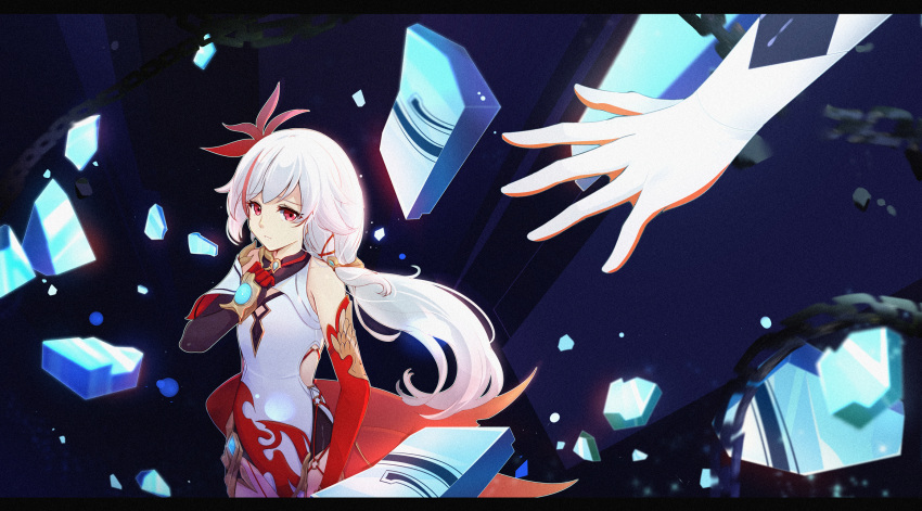 2girls asymmetrical_gloves black_gloves chains china_dress chinese_clothes closed_mouth commentary dress elbow_gloves fu_hua fu_hua_(phoenix) gloves hair_between_eyes hair_ornament highres honkai_(series) honkai_impact_3rd kiana_kaslana kiana_kaslana_(white_comet) long_hair looking_up mismatched_gloves multicolored_hair multiple_girls ponytail qingye_ling red_eyes red_gloves shards sleeveless sleeveless_dress streaked_hair white_hair