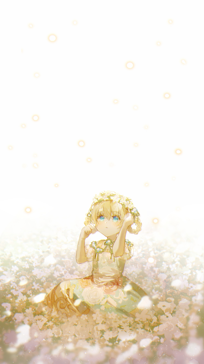 absurdres aruhi_ohimesama_ni_natteshimatta_ken_ni_tsuite athanasia_de_alger_obelia bangs bare_arms blonde_hair blue_eyes blurry braid day depth_of_field dress female field floral_print flower flower_field flower_wreath hair_rings hands_up head_wreath highres light_particles lolicon looking_away looking_up nature off-shoulder_dress off_shoulder petals puffy_short_sleeves puffy_sleeves short_sleeves sitting solo twin_braids white_background white_flower xuanqing0726