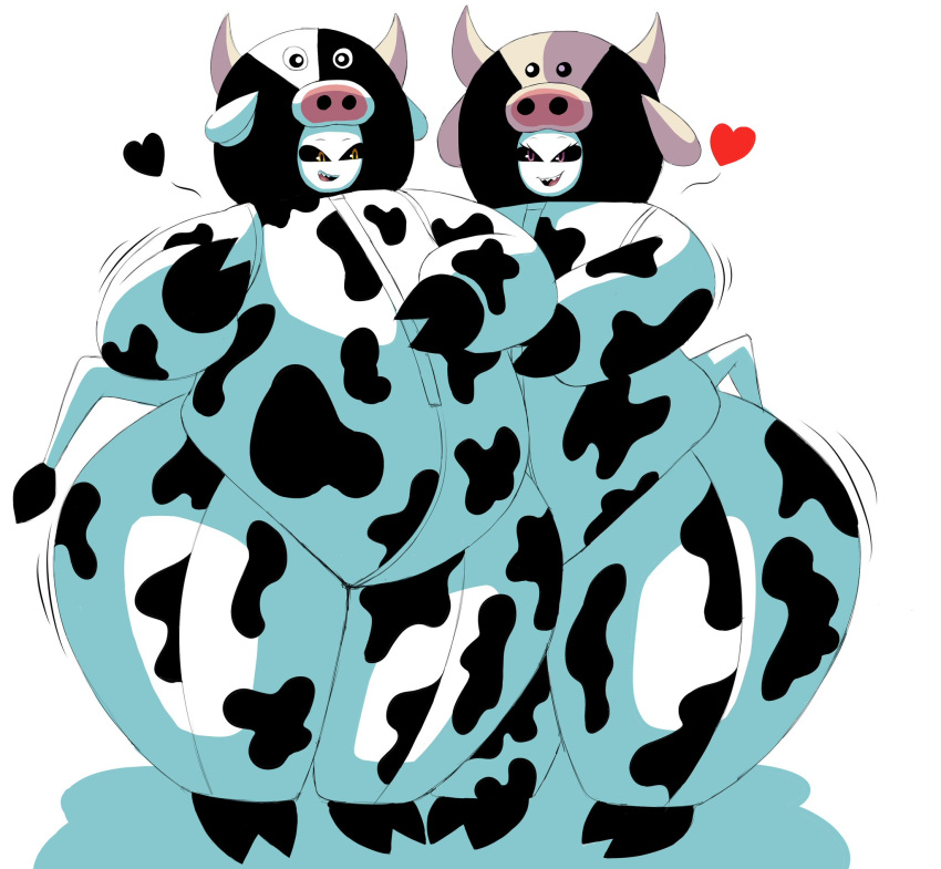 belly big_belly black_spots bovid bovine cattle clothing costume demon duo ears_down female heart_symbol hi_res hooves horn huge_thighs humanoid inflatable inflatable_fetish inflated_belly inflating inflation itisjoidok joid_(itisjoidok) jolyn_(itisjoidok) male male/female mammal multicolored_body open_mouth pivoted_ears sharp_teeth smile spots suit teeth thick_thighs two_tone_body white_body wide_hips