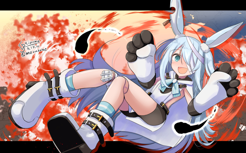 animal_ears arms_up bandage_over_one_eye bandaged_leg bandages bike_shorts black_shorts blue_eyes boots clenched_hands commentary_request doll_joints elbow_gloves female gloves inaba_meto joints legs little_witch_nobeta long_hair monica_(little_witch_nobeta) open_mouth rabbit_ears short_shorts shorts smile solo tabard thighs two_side_up very_long_hair white_footwear white_gloves white_tabard