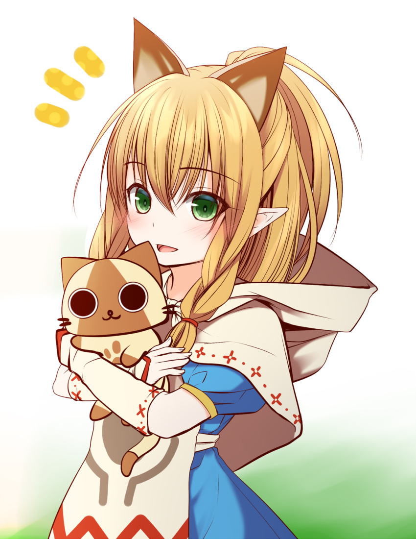 :d animal_ears blonde_hair blue_dress blush braid brown_capelet capelet cat_ears commentary_request dress felyne female green_eyes hair_between_eyes hair_over_shoulder haryuu_(poetto) highres hood hood_down hooded_capelet hug long_hair looking_at_viewer meowstress monster_hunter_(series) notice_lines open_mouth pointy_ears polka_dot puffy_short_sleeves puffy_sleeves short_sleeves smile twin_braids white_background