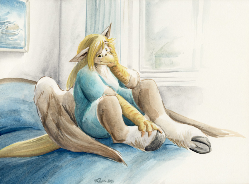 anthro avian bed cervelet clothing european_mythology female furniture greek_mythology hippogriff holding_hooves hooves mythological_avian mythological_creature mythology nightgown sitting solo underhoof unguligrade window wings