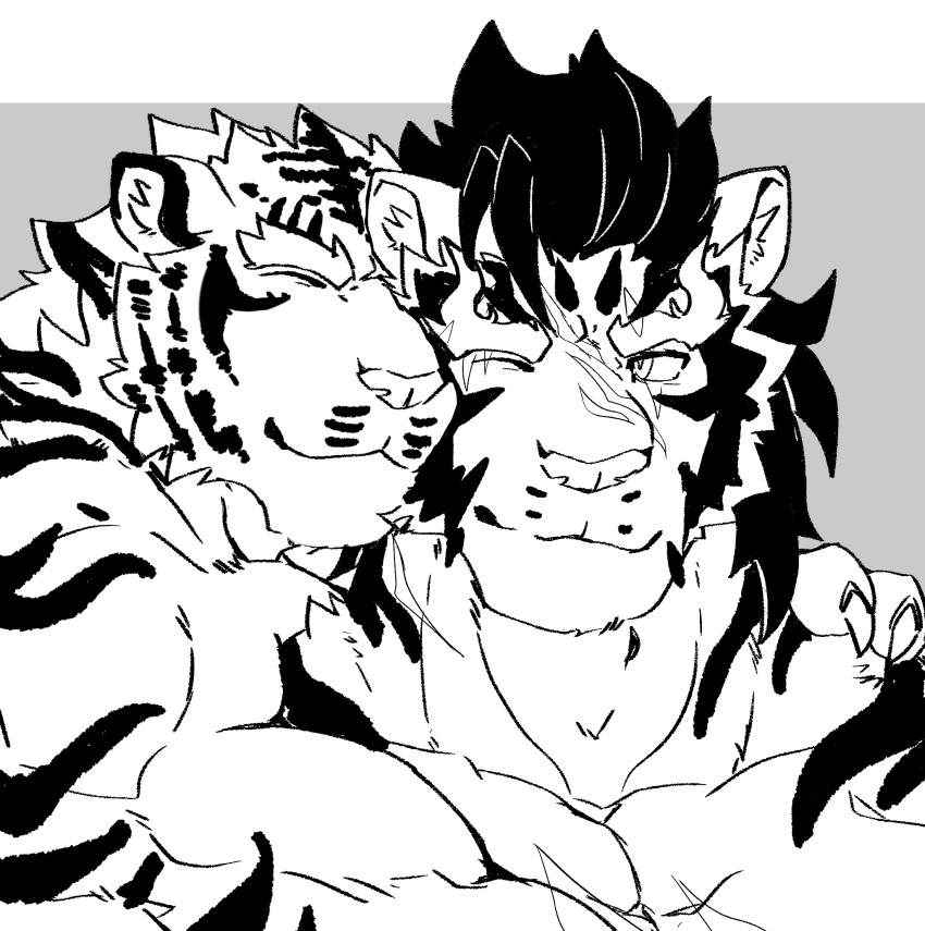 2021 anthro black_and_white black_hair chest_scar duo eurobeat eyebrows facial_scar felid fur grey_background hair hi_res hug inner_ear_fluff male male/male mammal monochrome muscular muscular_anthro muscular_male one_eye_closed pang_(sdorica) pantherine scar sdorica shirtless short_hair simple_background striped_body striped_fur stripes thick_eyebrows tiger tuft yao_(sdorica)