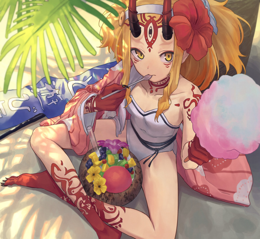 absurdres blonde_hair breasts cotton_candy facial_mark fate/grand_order fate_(series) female forehead forehead_mark gradient_hair hair_pulled_back highres horns ibaraki_douji_(fate) ibaraki_douji_(swimsuit_lancer)_(fate) ibaraki_douji_(swimsuit_lancer)_(second_ascension)_(fate) long_hair looking_at_viewer multicolored_hair one-piece_swimsuit oni oni_horns sitting small_breasts swimsuit tattoo tesin_(7aehyun) white_one-piece_swimsuit yellow_eyes