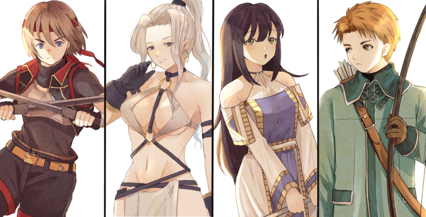 2boys 2girls belt black_hair blue_eyes breasts brown_hair closed_mouth detached_sleeves dress earrings gensou_suikoden gensou_suikoden_iv gloves green_eyes headband high_ponytail highres jeane_(suikoden) jewelry korunosabu lazlo_(suikoden) long_hair long_sleeves looking_at_viewer multiple_boys multiple_girls open_mouth ponytail revealing_clothes simple_background smile ted_(suikoden) viki_(suikoden) white_background