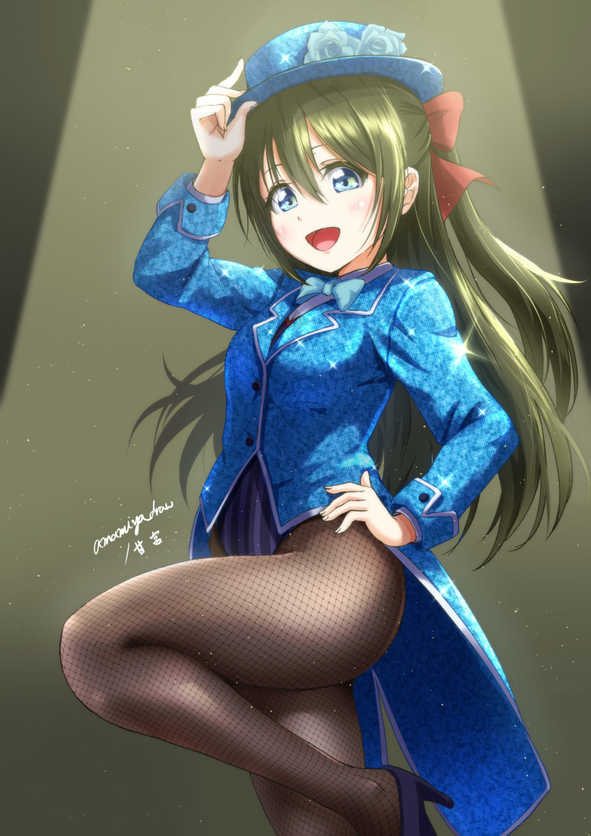 :d amamiya_(re-amamiya) black_footwear blue_eyes blue_flower blue_hat blue_jacket blue_leotard bow brown_hair female fishnet_pantyhose fishnets flower hair_between_eyes hairbow hand_on_own_hip hat hat_flower high_heels highres jacket leotard long_hair long_sleeves love_live! love_live!_nijigasaki_high_school_idol_club open_mouth osaka_shizuku pantyhose pumps red_bow smile solo standing standing_on_one_leg tailcoat very_long_hair