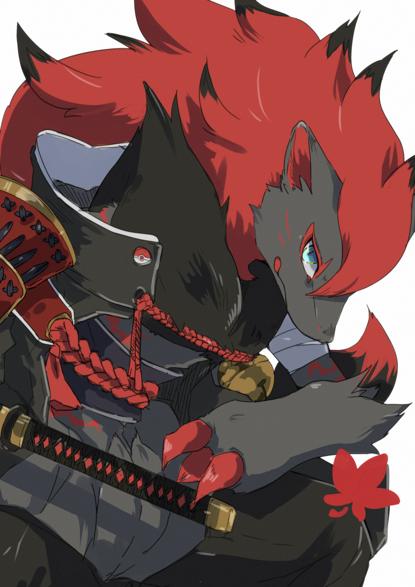 2021 3_fingers absurd_res anthro ao_gravity armor black_body black_fur blue_eyes claws digital_media_(artwork) finger_claws fingers fur generation_5_pokemon hair hi_res inner_ear_fluff katana melee_weapon nintendo pokemon pokemon_(species) red_claws red_hair samurai shaded simple_background solo sword tuft warrior weapon white_background zoroark