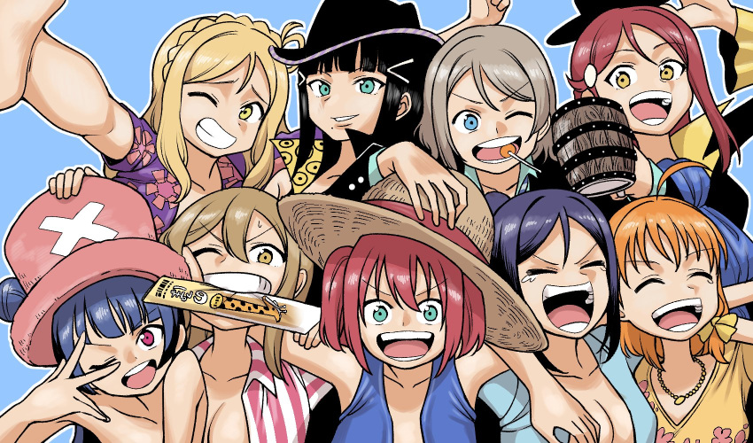 6+girls alternate_costume aqours_pirates_desire blonde_hair brook_(one_piece) brook_(one_piece)_(cosplay) candy commentary_request cosplay food franky_(one_piece) franky_(one_piece)_(cosplay) hat highres koaraya kunikida_hanamaru kurosawa_dia kurosawa_ruby lollipop love_live! love_live!_sunshine!! matsuura_kanan mole mole_under_mouth monkey_d._luffy monkey_d._luffy_(cosplay) mouth_hold multiple_girls nami_(one_piece) nami_(one_piece)_(cosplay) nico_robin nico_robin_(cosplay) noppo_bread oda_eiichirou_(style) ohara_mari one_eye_closed one_piece parody roronoa_zoro roronoa_zoro_(cosplay) sakurauchi_riko sanji_(one_piece) sanji_(one_piece)_(cosplay) straw_hat straw_hat_pirates style_parody takami_chika tankard teeth_hold tony_tony_chopper tony_tony_chopper_(cosplay) tsushima_yoshiko upper_body usopp usopp_(cosplay) v_over_eye watanabe_you