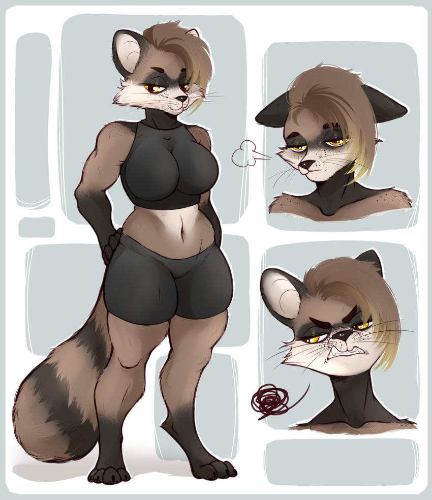 anthro big_breasts bottomwear bra breasts clothing curvy_figure fake_anna female fluffy fluffy_tail hi_res mammal navel procyonid raccoon shorts slightly_chubby slightly_chubby_female solo sports_bra sportswear tail underwear wide_hips