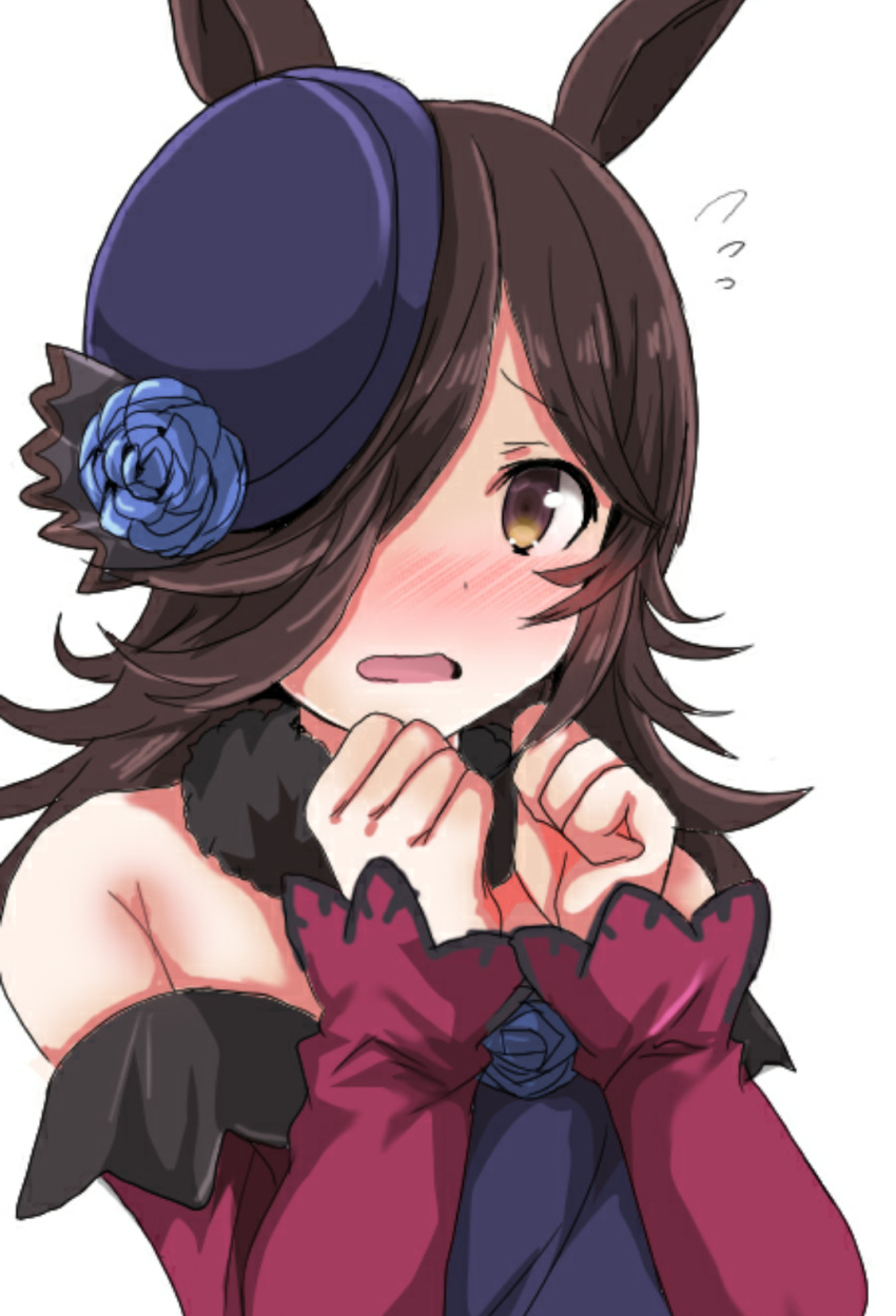 animal_ears bare_shoulders black_neckwear blue_flower blue_hat blue_rose blush brown_eyes brown_hair commentary dress embarrassed female flower flower_ornament hair_over_one_eye hands_up hat hat_flower highres horse_ears horse_girl long_hair long_sleeves looking_at_viewer off-shoulder_dress off_shoulder open_mouth oshiruko_(uminekotei) rice_shower_(umamusume) rose simple_background solo tilted_headwear umamusume upper_body white_background