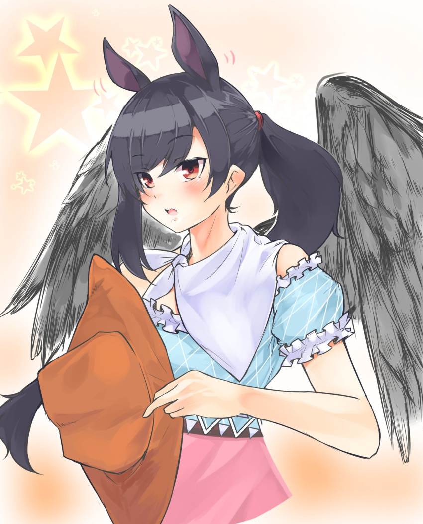 animal_ears bare_shoulders black_hair black_wings blue_shirt blush brown_hat commentary cowboy_hat extra_ears feathered_wings female gingham_shirt ginnkei hat highres holding holding_clothes holding_hat horse_ears horse_girl kurokoma_saki long_hair off-shoulder_shirt off_shoulder open_mouth pegasus_wings pink_skirt ponytail red_eyes scarf shirt skirt solo touhou unworn_hat unworn_headwear upper_body wings