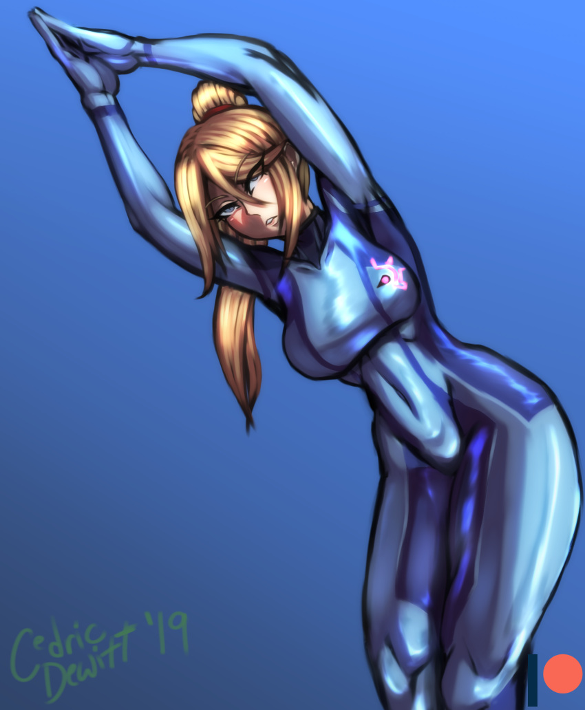 arms_up artist_name blonde_hair blue_bodysuit blue_eyes blush bodysuit breasts cedric_dewitt english_commentary feet_out_of_frame female highres large_breasts long_hair looking_at_viewer metroid own_hands_together parted_lips patreon_logo ponytail samus_aran sidelocks skin_tight solo teeth zero_suit