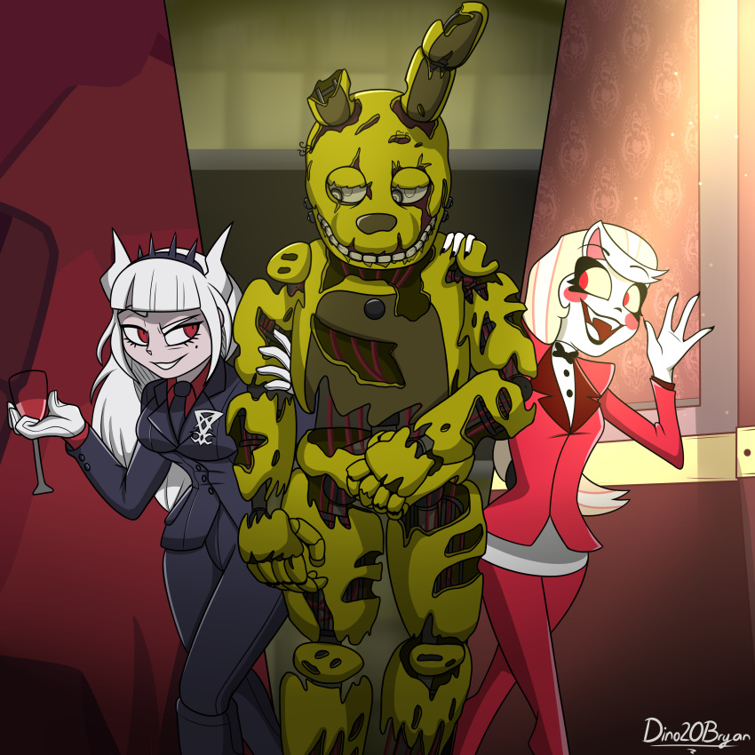 1:1 2022 4_fingers 5_fingers absurd_res animatronic anthro black_clothing black_suit blonde_hair business_suit charlie_morningstar clothing container crossover crown cup damaged demon digital_media_(artwork) dino20bryan drinking_glass exposed_endoskeleton female fingers five_nights_at_freddy's five_nights_at_freddy's_3 glass glass_container glass_cup group hair hazbin_hotel headgear helltaker hi_res horn horned_humanoid humanoid lagomorph leporid lucifer_(helltaker) machine male mammal markings mole_(marking) occult_symbol pale_skin rabbit red_clothing red_eyes red_suit robot scottgames sigil sigil_of_lucifer signature springtrap_(fnaf) suit symbol tiara trio undead white_body white_hair white_skin william_afton_(fnaf) wine_glass yellow_body