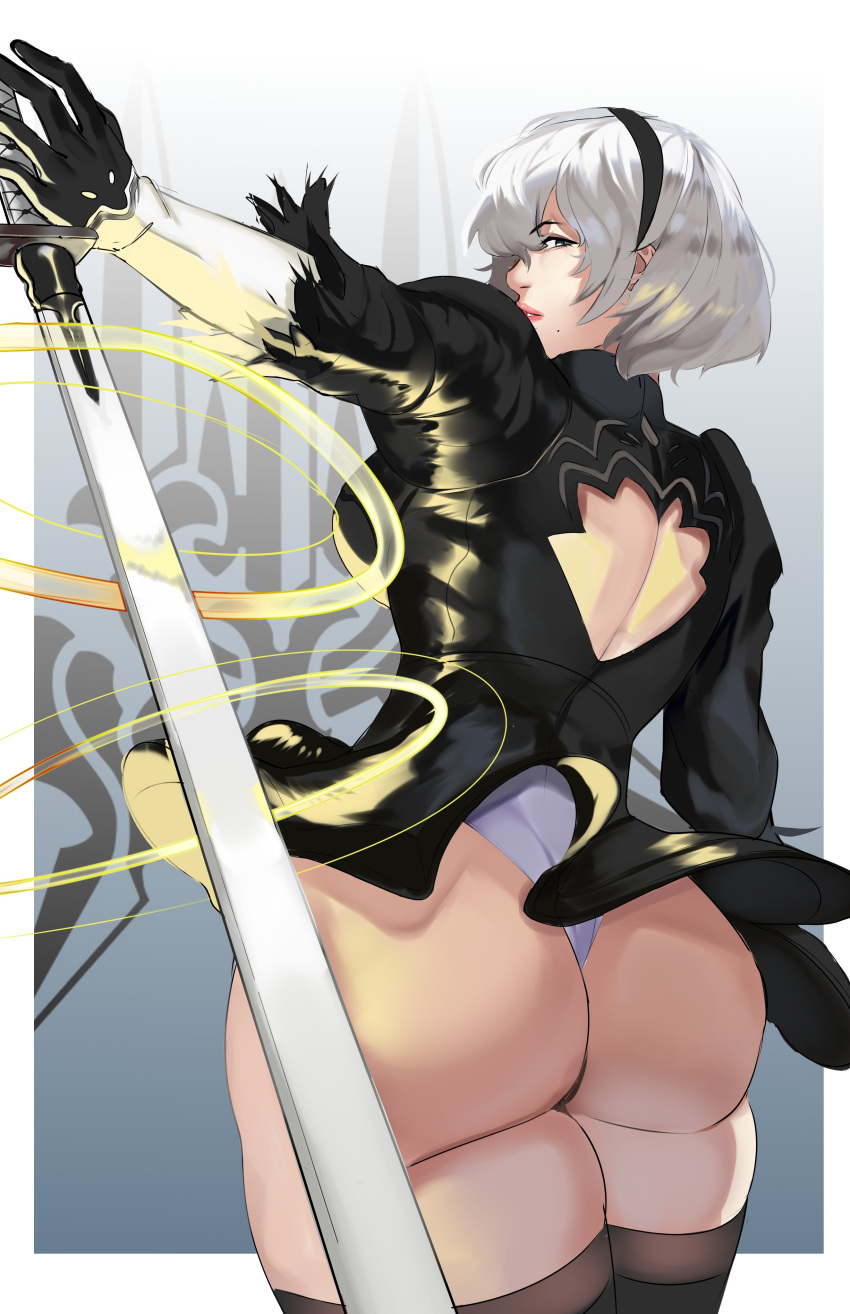 2b_(nier:automata) absurdres artist_name ass back_cutout black_dress black_gloves blue_eyes clothing_cutout commentary cropped_legs dress english_commentary eyelashes feather-trimmed_sleeves female gloves glowing glowing_weapon hairband highleg highleg_leotard highres huge_ass leotard looking_at_viewer looking_back michael_lavacca mole mole_under_mouth nier:automata nier_(series) no_blindfold parted_lips puffy_sleeves thick_thighs thighhighs thighs thong_leotard virtuous_contract weapon wedgie white_hair