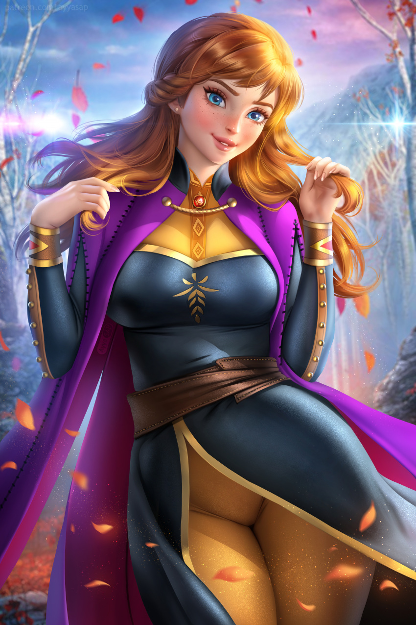 anna_(frozen) ass ayyasap big_ass cape crotch_outline disney frozen_(film) frozen_2 large_ass large_breasts slim_waist standing thick_thighs tight_pants wide_hips