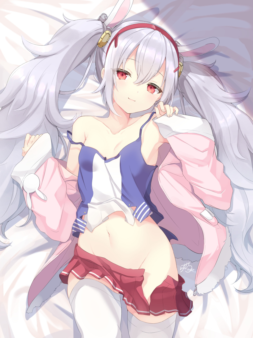 animal_ears azur_lane bad_id bad_pixiv_id bare_shoulders bed_sheet breasts closed_mouth commentary eyes_visible_through_hair fake_animal_ears female groin hair_between_eyes hairband hands_up highres jacket laffey_(azur_lane) long_hair long_sleeves looking_at_viewer loose_skirt lying midriff miniskirt navel no_panties on_back pink_jacket pleated_skirt rabbit_ears ramchi red_hairband red_skirt shirt skirt sleeveless sleeveless_shirt small_breasts solo stomach strap_slip thighhighs thighs twintails white_hair white_thighhighs wide_sleeves