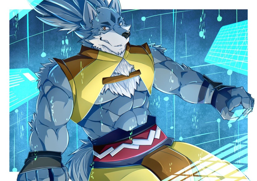 2018 abs anthro biceps black_nose canid canine canis chest_tuft clothed clothing countershading digital_media_(artwork) fingerless_gloves fur gloves gundam gundam_build_divers hair handwear kadzu male mammal muscular muscular_anthro muscular_male solo tigerwolf_(gundam_build_divers) tuft wolf