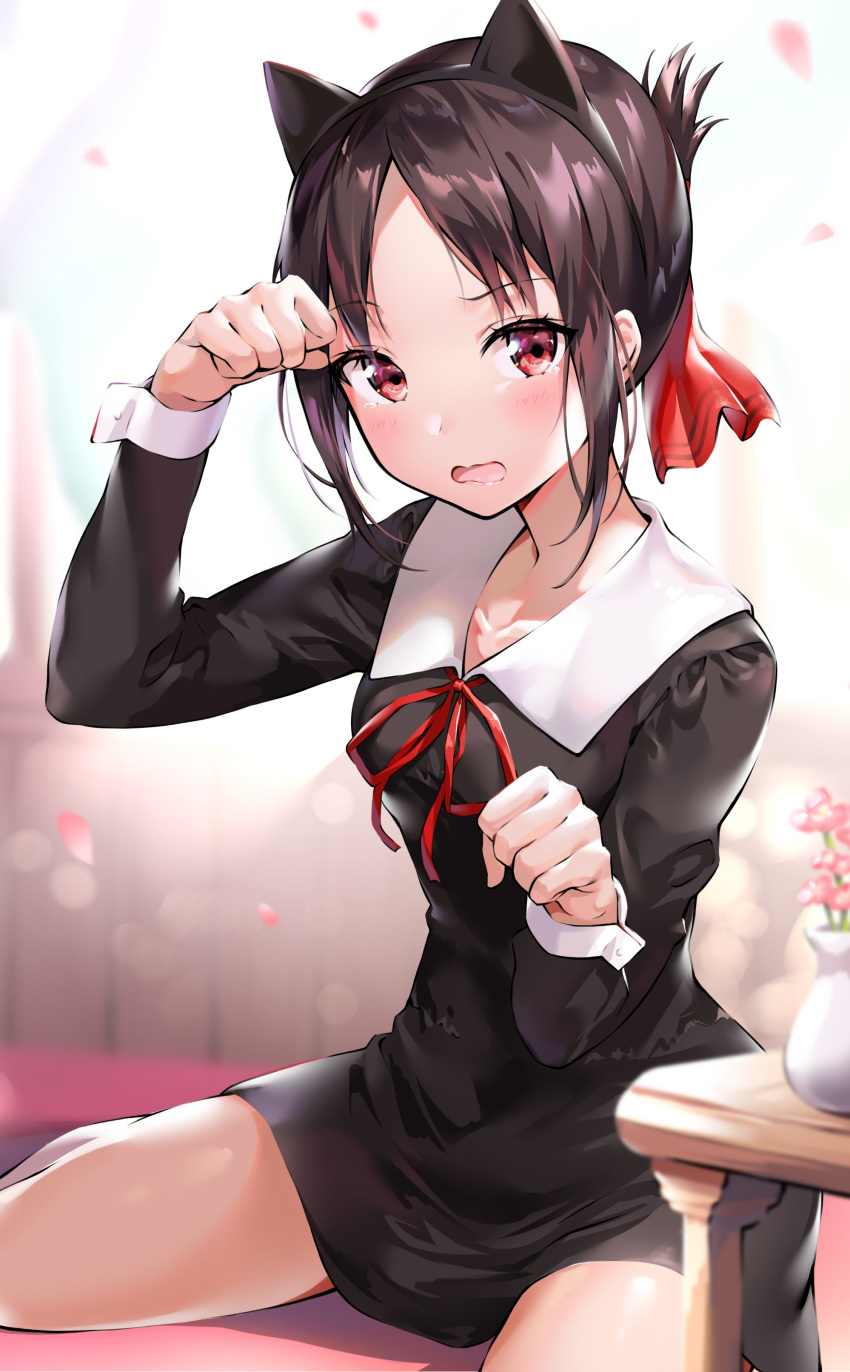 absurdres ale_nqki animal_ears backlighting black_hair blush bow breasts cat_ears collarbone commentary_request fake_animal_ears falling_petals female flower hairbow headband highres kaguya-sama_wa_kokurasetai_~tensai-tachi_no_renai_zunousen~ looking_at_viewer open_mouth paw_pose petals red_eyes red_ribbon ribbon sailor_collar school_uniform shinomiya_kaguya short_hair shuuchiin_academy_school_uniform sitting small_breasts solo sunlight vase wariza wavy_mouth