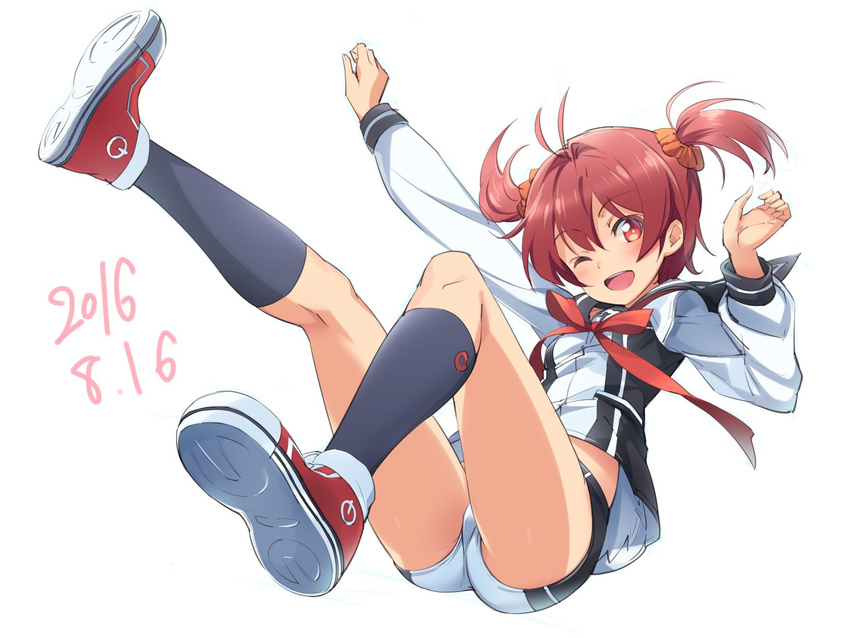 arm_up ass black_socks bow commentary_request female isshiki_akane kneehighs michairu national_shin_ooshima_school_uniform one_eye_closed open_mouth red_eyes red_hair school_uniform shoes shorts simple_background smile socks solo twintails vividred_operation white_background