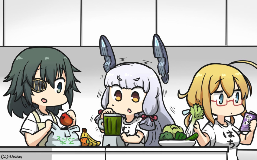 3girls alternate_costume apple apron bag banana bell_pepper blender_(object) blonde_hair blue_eyes book broccoli brown_eyes carrot celery clothes_writing commentary_request counter cucumber dated eyepatch food fruit glasses green_eyes green_hair green_pepper grey_hair hair_ribbon hamu_koutarou headgear highres i-8_(kancolle) kantai_collection kiso_(kancolle) long_hair low_twintails medium_hair multiple_girls murakumo_(kancolle) one-hour_drawing_challenge plastic_bag reading red-framed_eyewear ribbon shirt sidelocks t-shirt thick_eyebrows tress_ribbon twintails vegetable white_hair white_shirt