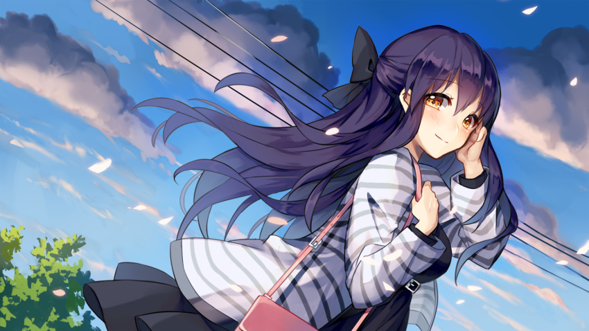 bad_id bad_pixiv_id bag black_bow black_hair black_skirt blue_sky blush bow brown_eyes character_request cloud commentary_request day dutch_angle female hairbow half_updo hand_up handbag highres long_hair looking_at_viewer official_art oninaart outdoors power_lines shirt skirt sky solo standing storia_(game) striped_clothes striped_shirt tree