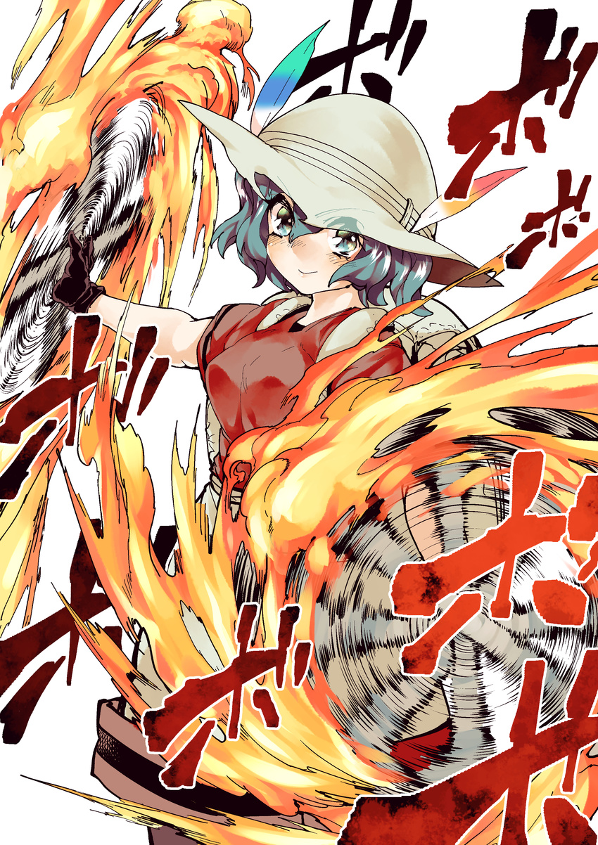 absurdres afterimage backpack bag black_eyes black_gloves black_hair commentary_request cowboy_shot female fire gloves hair_between_eyes hat hat_feather helmet highres kaban_(kemono_friends) kemono_friends looking_at_viewer motion_lines pith_helmet red_shirt shigurio shirt short_hair short_sleeves shorts simple_background smile solo sound_effects standing swirling wavy_hair white_background