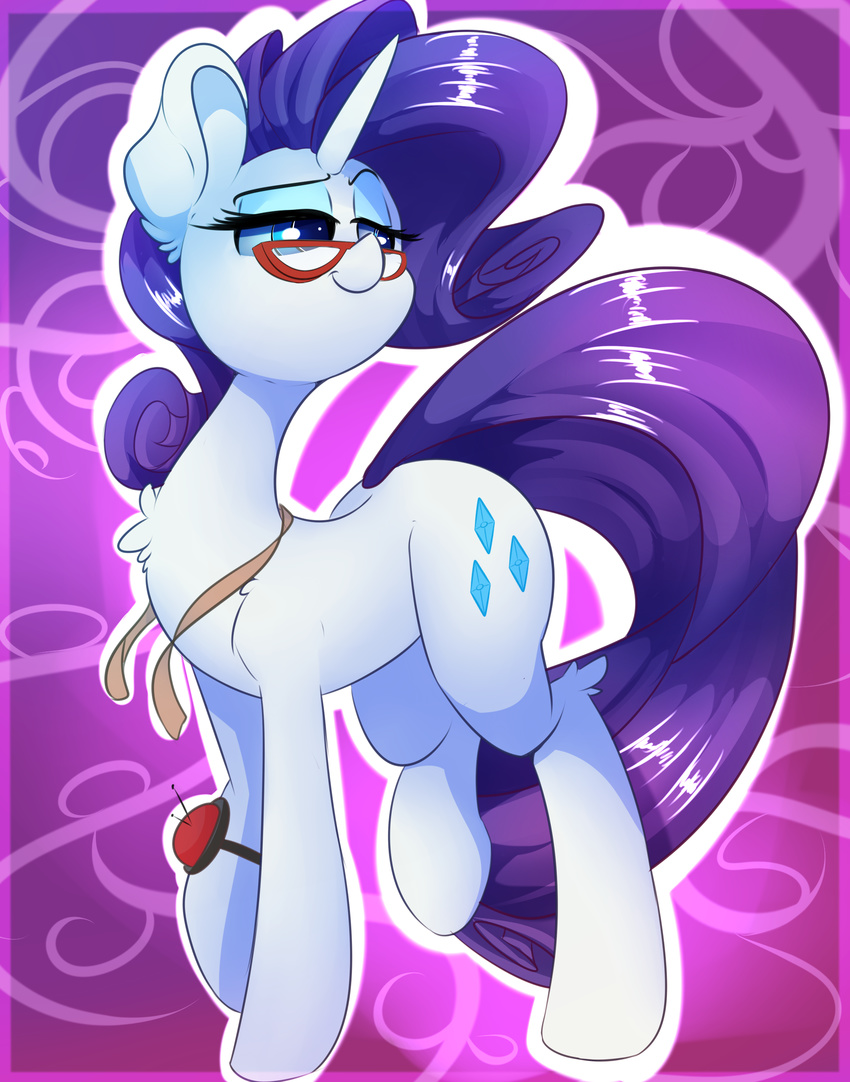 absurd_res blue_eyes cutie_mark equid equine eyelashes eyewear female feral friendship_is_magic fur glasses hair hasbro hi_res hooves horn madacon mammal my_little_pony mythological_creature mythological_equine mythology pin_cushion purple_hair rarity_(mlp) smile solo standing unicorn white_body white_fur