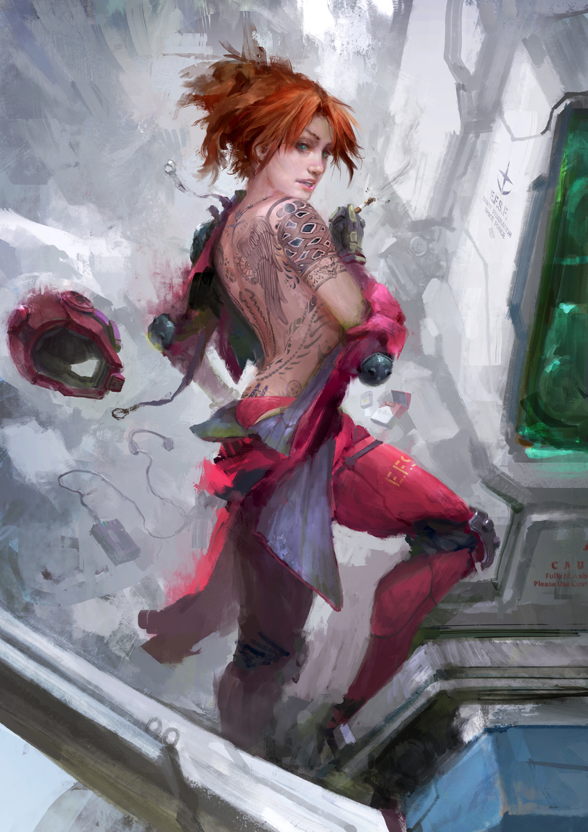 absurdres back_tattoo bianca_carlyle bodysuit cigarette commentary cowboy_shot elbow_pads female full-body_tattoo gloves green_eyes gundam gundam_thunderbolt hand_on_own_hip helmet highres looking_at_viewer no_bra off_shoulder orange_hair parted_lips photoshop_(medium) realistic red_hair smoking solo tattoo thedurianart undressing unworn_headwear unworn_helmet updo