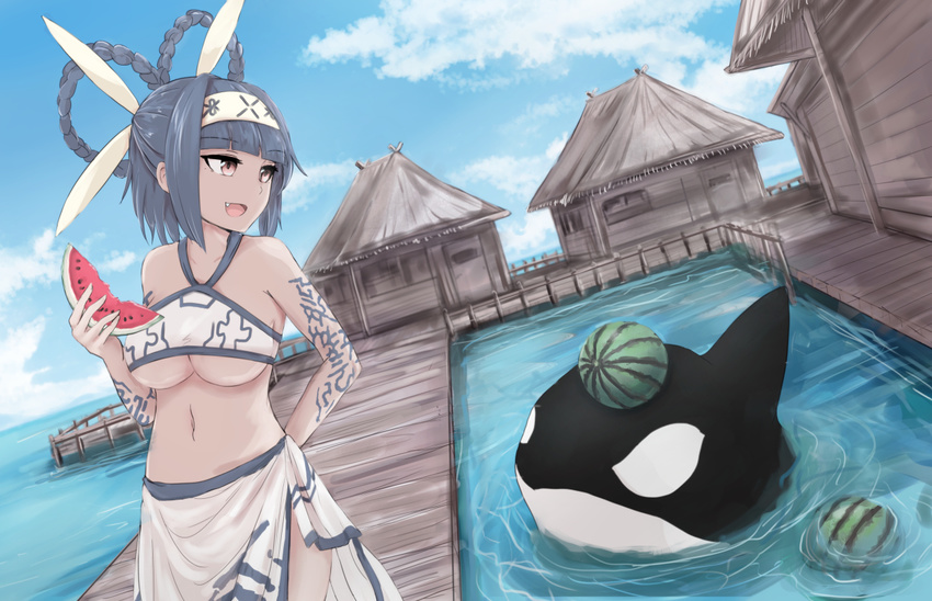 animal arm_behind_back bandeau bare_arms bare_shoulders blue_hair blue_sky blunt_bangs breasts cloud cloudy_sky commentary_request cowboy_shot dark_skin day dutch_angle eyebrows female food fruit headband holding holding_food holding_fruit holding_watermelon hut large_breasts looking_to_the_side midriff navel ocean oerba_yun_fang open_mouth orca original outdoors raikou_(gotaishu) sarong sky standing stomach strapless tattoo underboob water watermelon yellow_eyes