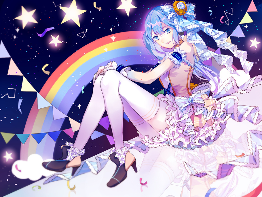 bloomers blue_bow blue_eyes blue_hair bow commentary commentary_typo confetti constellation decorator_(vocaloid) dress female frilled_dress frills hairbow hands_on_own_knees hatsune_miku high_heels highres long_hair looking_at_viewer open_mouth petticoat project_diva_(series) rainbow reflection saegusa_(ainginging) short_dress sitting solo star_(symbol) string_of_flags thighhighs underwear vocaloid white_thighhighs